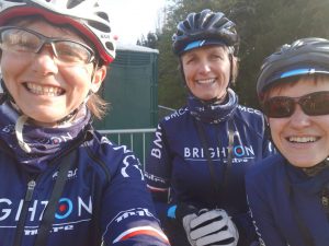 Brighton Mitre CC Women Maria, Suzanne and Isobel prior to the marathon